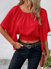 SHEIN Clasi Áo sơ mi nữ Cắt ra Buộc lại màu trơn Giải trí - Đỏ - Xem 3