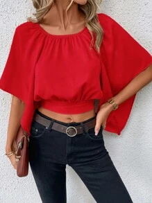 SHEIN Clasi Áo sơ mi nữ Cắt ra Buộc lại màu trơn Giải trí - Đỏ - Xem 6