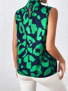 SHEIN VCAY 滿版印花無袖襯衫 - 綠色 - 查看 2