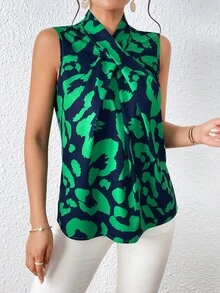 SHEIN VCAY 滿版印花無袖襯衫 - 綠色 - 查看 5