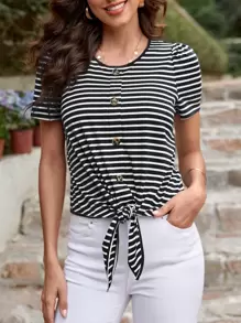 SHEIN LUNE 條紋印花下擺打結T恤 - 黑與白 - 查看 1