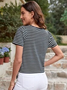 SHEIN LUNE 條紋印花下擺打結T恤 - 黑與白 - 查看 2