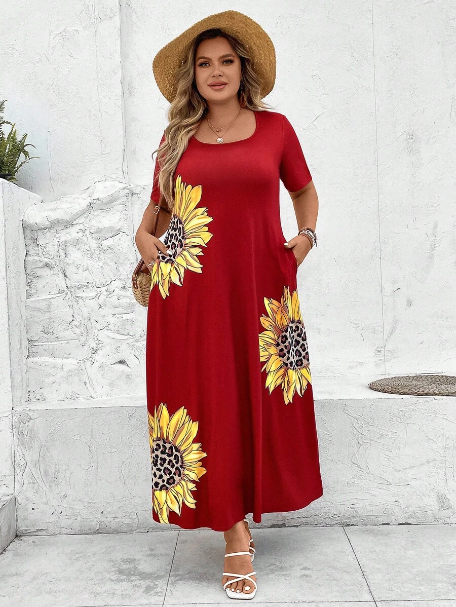SHEIN LUNE Đầm Plus Size Túi Hoa Giải trí - Màu Đỏ Sâu - Xem 1