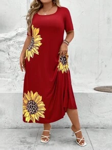 SHEIN LUNE Đầm Plus Size Túi Hoa Giải trí - Màu Đỏ Sâu - Xem 3