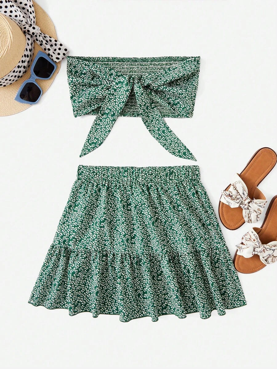 Soleia Ditsy Floral Print Knot Front Crop Tube Top & Ruffle Hem Skirt - Green - View 1