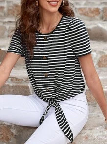 SHEIN LUNE 條紋印花下擺打結T恤 - 黑與白 - 查看 6