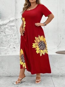 SHEIN LUNE Đầm Plus Size Túi Hoa Giải trí - Màu Đỏ Sâu - Xem 4