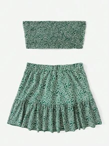 Soleia Ditsy Floral Print Knot Front Crop Tube Top & Ruffle Hem Skirt - Green - View 2