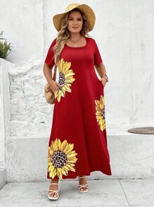 SHEIN LUNE Đầm Plus Size Túi Hoa Giải trí - Màu Đỏ Sâu - Xem 5