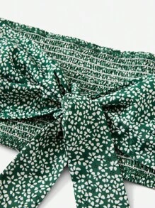 Soleia Ditsy Floral Print Knot Front Crop Tube Top & Ruffle Hem Skirt - Green - View 3