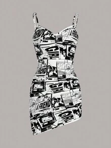 SHEIN ICON 波普藝術圖案褶邊吊帶緊身連衣裙 - 黑與白 - 查看 1