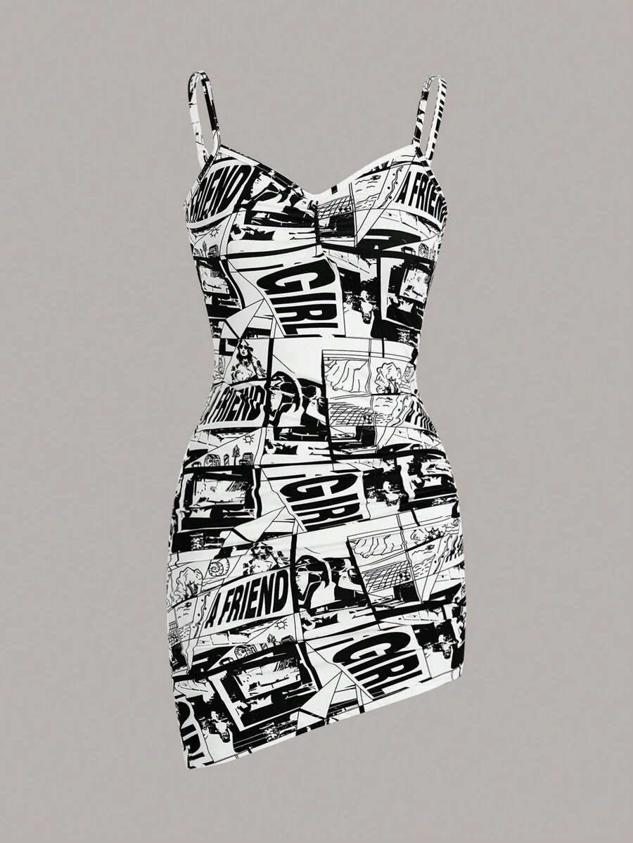 SHEIN ICON 波普藝術圖案褶邊吊帶緊身連衣裙 - 黑與白 - 查看 1