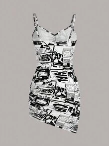 SHEIN ICON 波普藝術圖案褶邊吊帶緊身連衣裙 - 黑與白 - 查看 2