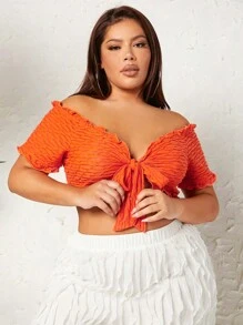 SHEIN SXY Plus Off Shoulder Lettuce Trim Knot Front Crop Top - Orange - View 6