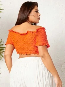 SHEIN SXY Plus Off Shoulder Lettuce Trim Knot Front Crop Top - Orange - View 2