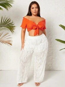 SHEIN SXY Plus Off Shoulder Lettuce Trim Knot Front Crop Top - Orange - View 3