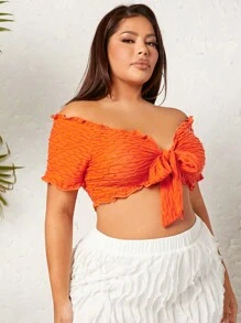 SHEIN SXY Plus Off Shoulder Lettuce Trim Knot Front Crop Top - Orange - View 4