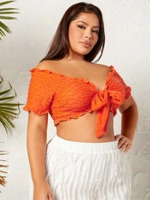 SHEIN SXY Plus Off Shoulder Lettuce Trim Knot Front Crop Top - Orange - View 5