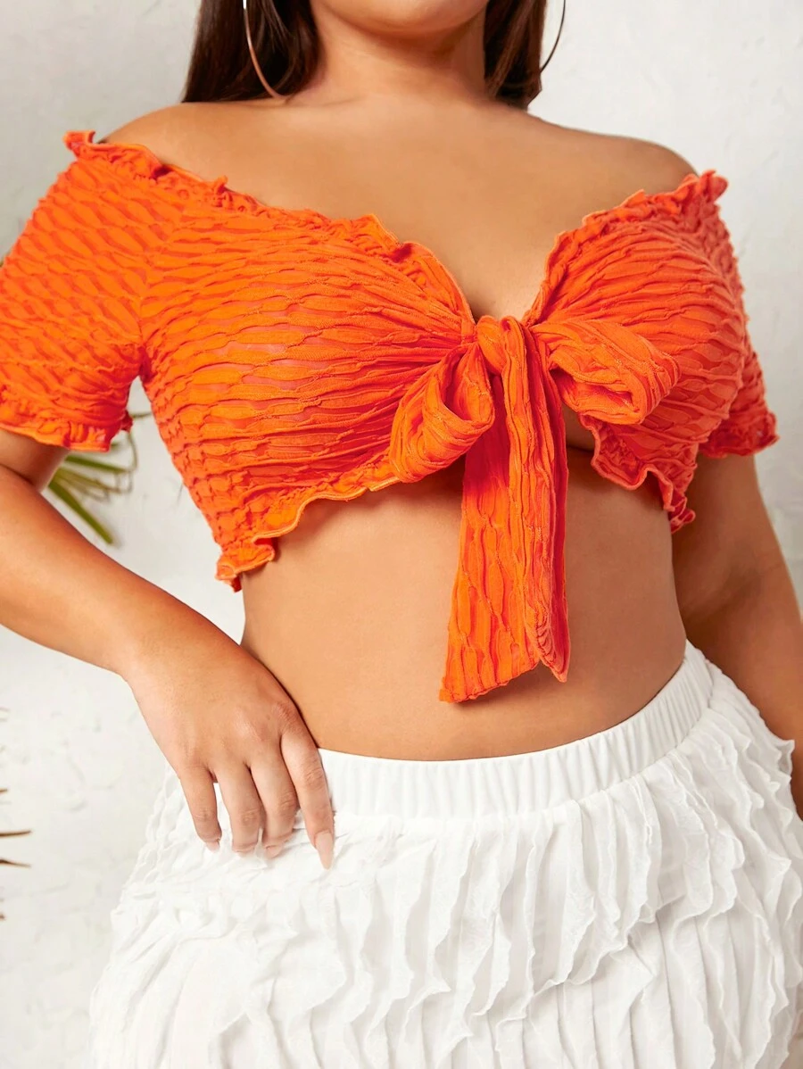 SHEIN SXY Plus Off Shoulder Lettuce Trim Knot Front Crop Top - Orange - View 1