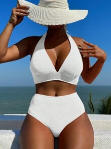 Plain Halter High Waisted Bikini Set For Summer Beach - White - View 1