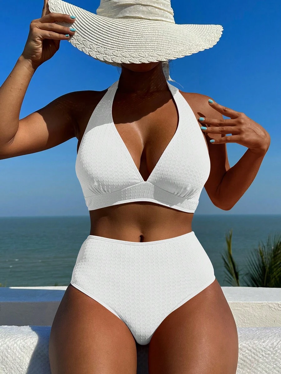 Plain Halter High Waisted Bikini Set For Summer Beach - White - View 1