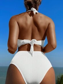 Plain Halter High Waisted Bikini Set For Summer Beach - White - View 2