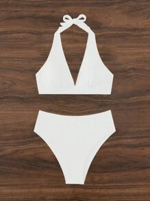 Plain Halter High Waisted Bikini Set For Summer Beach - White - View 3