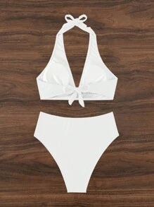 Plain Halter High Waisted Bikini Set For Summer Beach - White - View 4