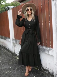 SHEIN LUNE 喇叭袖荷葉邊繫腰帶連衣裙 - 黑色 - 查看 1