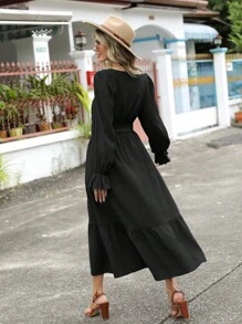 SHEIN LUNE 喇叭袖荷葉邊繫腰帶連衣裙 - 黑色 - 查看 2