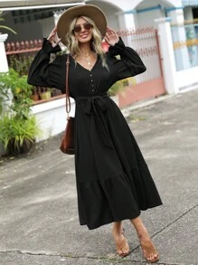 SHEIN LUNE 喇叭袖荷葉邊繫腰帶連衣裙 - 黑色 - 查看 4