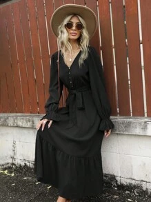 SHEIN LUNE 喇叭袖荷葉邊繫腰帶連衣裙 - 黑色 - 查看 6