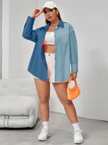 SHEIN EZwear Plus Two Tone Drop Shoulder Shirt - Dusty Blue - View 3