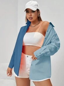 SHEIN EZwear Plus Two Tone Drop Shoulder Shirt - Dusty Blue - View 4