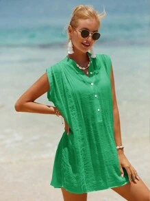 Swim Vcay Summer Beach Solid Button Front Sleeveless Cover Up