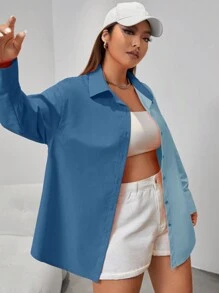 SHEIN EZwear Plus Two Tone Drop Shoulder Shirt - Dusty Blue - View 5
