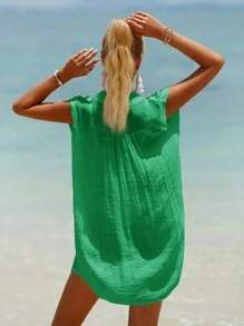 Swim Vcay Summer Beach Solid Button Front Sleeveless Cover Up