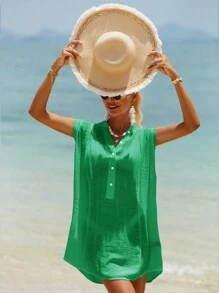 Swim Vcay Summer Beach Solid Button Front Sleeveless Cover Up