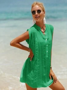 Swim Vcay Summer Beach Solid Button Front Sleeveless Cover Up