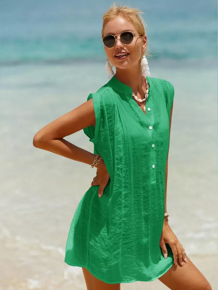 Swim Vcay Summer Beach Solid Button Front Sleeveless Cover Up