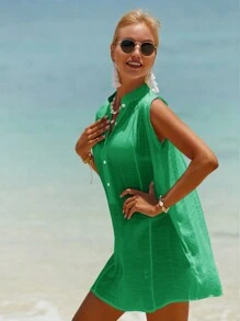 Swim Vcay Summer Beach Solid Button Front Sleeveless Cover Up