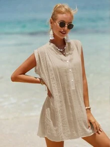 Swim Vcay Summer Beach Solid Button Front Cover Up - Khaki - View 4