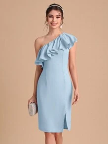 SHEIN Belle Vestido de dama de honor de un hombro ribete con fruncido bajo con abertura - Celeste - Ver 1