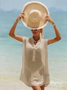 Swim Vcay Summer Beach Solid Button Front Cover Up - Khaki - View 3