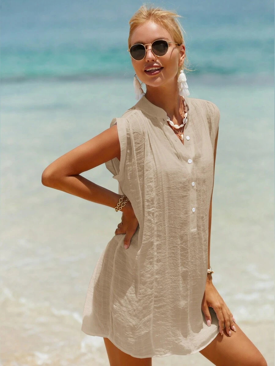 Swim Vcay Summer Beach Solid Button Front Cover Up - Khaki - View 1