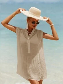 Swim Vcay Summer Beach Solid Button Front Cover Up - Khaki - View 5