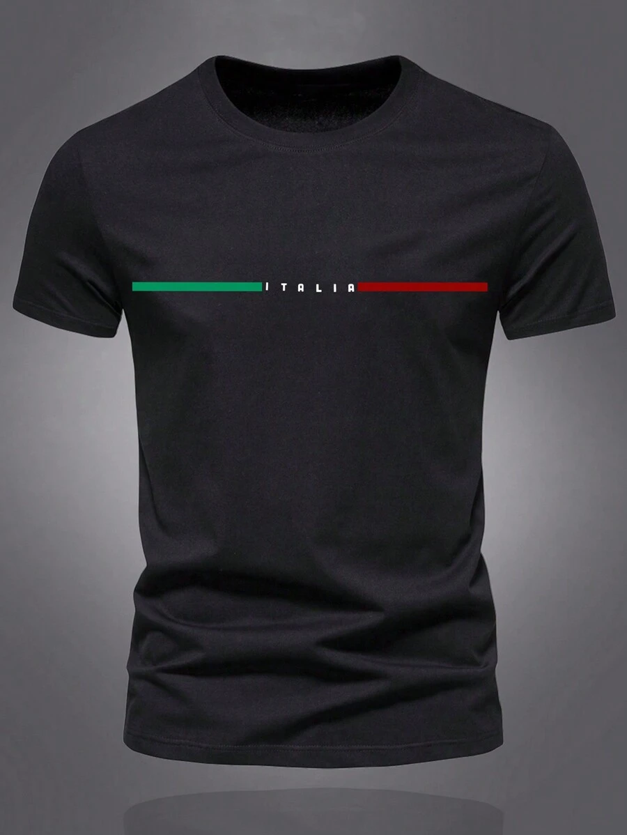 Hemo, Men's Letter Print Round Neck Short Sleeve Casual Regular T-Shirt - Black - View 1