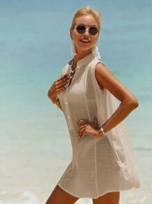 Swim Vcay Summer Beach Solid Button Front Cover Up - Khaki - View 6