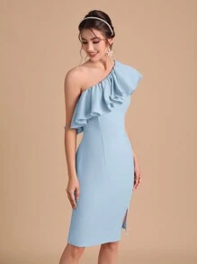 SHEIN Belle Vestido de dama de honor de un hombro ribete con fruncido bajo con abertura - Celeste - Ver 3