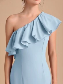 SHEIN Belle Vestido de dama de honor de un hombro ribete con fruncido bajo con abertura - Celeste - Ver 6